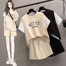 여름 통통 동생 빅 사이즈 프린트패치워크 반바지 티셔츠 투피스