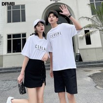 DFMEI 커플 반팔 여름 심플 남녀 캐주얼 레터링 반팔 티셔츠