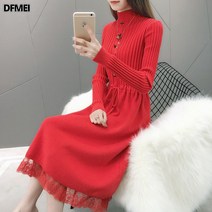 DFMEI 기모 도톰 하프 니트 원피스 여 추동 레이스 루즈핏 반폴라 니트 퍼 원피스