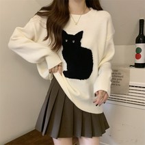 빅사이즈 디자인감각 애니메이션 고양이 플라워 프린팅 니트 긴 소매 스웨터 여성 뚱뚱한 와이드 루즈핏 슬림핏 뱃살가리기