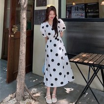화이트 물방울 무늬 도트 빅 땡땡이 브이넥 랩 스타일 여름 슬림 A라인 롱 원피스 SH