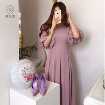 【연당월】프렌치 쁘띠 빈티지 우아함 라운드넥 스트랩 랜턴 소매 플리츠 롱 원피스입니다 제이코닉점프수트