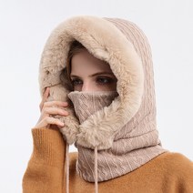 SAIVEINA 여성 겨울 기모안감 니트 방한 넥워머 겨울용 방한 보온 바라클라바 따뜻한 크기조절 롱후드넥워머, 베이지