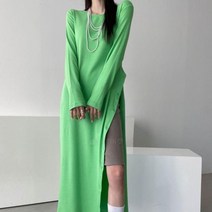 [바보사랑] 여자 사선 트임 네온 모달 무지 롱원피스