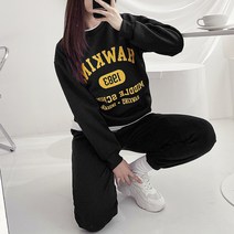 코디제이 여자 기모 호킨스맨투맨세트 남여공용 데일리 데일리룩 밴딩팬츠 기모맨투맨 겨울트레이닝 맨투맨세트