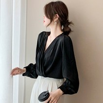 여성용 구김적은 브이넥 랩 긴팔 블라우스