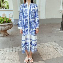 에스닉 프린팅 페미닌 긴 팔 스탠드 카라 원피스