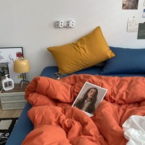 [All] 북유럽 인스타 감성 투톤 파스텔 침구 커버 풀세트 4종 단색 사계절 코튼 순면 이불 모음, 오렌지+네이비_싱글 시트형 3종