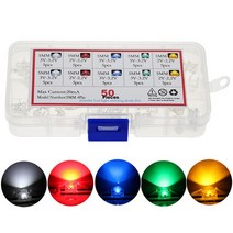 LED 피라냐 발광 다이오드 램프 50 개 5mm 구색 DIY 키트 화이트 레드 그린 블루 옐로 밝은 색상 3V 표시기, [01] 5 Colors x 10pcs Mix