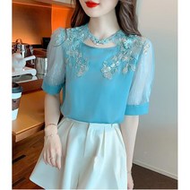 상의 여름 여성 여름 블루 루즈핏 캐주얼 반팔 펀칭 쉬폰 셔츠 상의