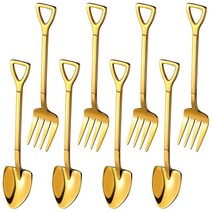 8 조각 삽 스푼 포크 삽 커피 스푼 삽 핸들 디저트 스푼 아이스크림 스푼 삽 모양 포크 (금), 하나, 보여진 바와 같이, 1개