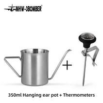 MHW3BOMBER 스테인리스 스틸 구즈넥 티 포트 커피 주전자 온도계 세트 홈 바리스타 양조 액세서리 350ml, 매트 실버 세트