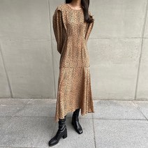 여성 메라핏 루즈핏 레오파드 호피 패턴 퍼프 소매 쉬폰 플레어 가을 롱 원피스