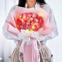 LED 투톤 장미꽃 꽃다발 비누꽃 졸업식 입학식 학예회 발표회 여자친구 선물 프로포즈 100일 기념일 어버이날 환갑 성묘 조화 생신 생일 유치원 어린이집, 투톤 핑크 장미꽃 꽃다발 20송이, LED 조명 추가