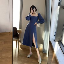 YY 블루 드레스 가을 새로운 스퀘어 칼라 프랑스 슬리밍 우아한 긴 소매 분할 스커트 중간 길이