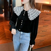 여성 빅카라 블라우스 639# 와이드 레이스 패치 긴팔 비즈상의 뉴타임즈 Z