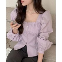 남친시 블라우스 스퀘어넥 퍼프 셔링 여성 봄 보라색