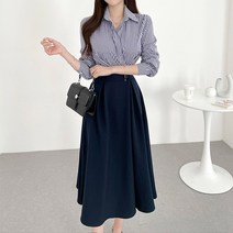 요모조모 1435 스트라이프 셔츠 플레어 벨트 원피스