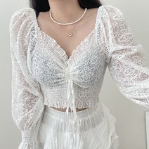 VANANA2 여성 레이스 아일렛 스모크 투웨이 오프숄더 블라우스