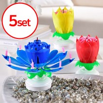 생일 케이크 기념일 회전 멜로디 연꽃초 5개 세트 특이한 생일초 파티용품, 레드+핑크+옐로우+블루+퍼플