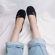 스웨이드 골드 스트랩 포인트 낮은굽 밴딩 플랫 슈즈 1cm 여성 세무 블랙 단화