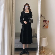 실크 원피스 FILLE 헤일리겐 손수 클래식 우아한 헵번풍 레이스 스퀘어넥 여성 1931351690