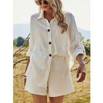 여성용 긴팔 로즈 레드 버튼 그린 셔츠 반바지 세트 2023 써머 캐주얼 2 피스 화이트, 04 WHITE_01 S