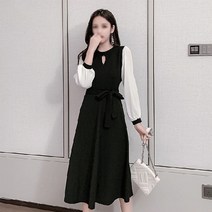 엉클조이 여성 라운드넥 허리 리본끈 투톤 롱 원피스 HH191