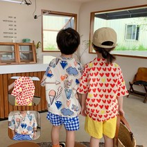 아이크레용 아이스크림 하트 나염 아동 주니어 비치 남방 오픈카라 셔츠