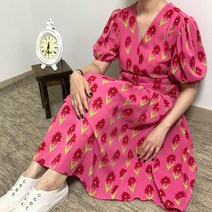 핑크 플라워 밴딩 쉬폰 롱원피스