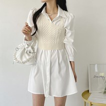 퍼니걸스 9911 뒷밴딩 카라 셔츠 핀턱 히든 버튼 미니 원피스 여성의류