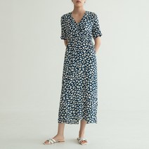 클로드 쉬폰 플라워 프린트 패턴 브이넥 반팔 롱 원피스
