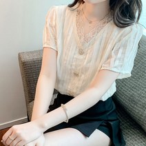 여성 러블리 레이스 금장버튼 반팔 블라우스 KP2-9992