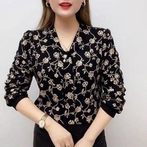 여성 웨이브 넥 셔츠 붕대 다이아몬드 시크한 진주 입체 장식 블라우스