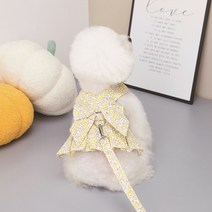 까마느 파스텔 잔꽃무늬 강아지 봄 여름 애견 하네스옷 치마 스커트 리드줄 세트, M, 노랑 스커트