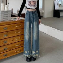 매운 여동생 찢어진 청바지 여자 초봄 2022 레이스 디자인감 바지 하이웨이스트 슬랙스