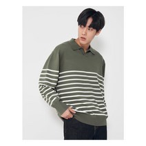 [에잇세컨즈] 카키 스트라이프 오픈 칼라 니트_오버핏 (451951LQQH)