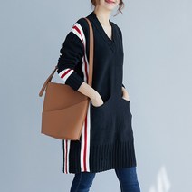 에블 대박걸 레드화이트 사이드 라인 브이넥 앞포켓 블랙 긴팔 여자 롱 니트 원피스