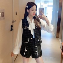 트위드 손담비 럭셔리 패션 진주 3 조각 세트 가을 겨울 여성 우아한 구슬 격자 무늬 조끼 재킷 코트 보우 블라우스 미니 반바지 정장 | 바지 정장