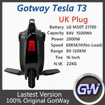 2023신형 외발전동휠 AS가능 Begode-오리지널 GotWay 테슬라 T3 외발 자전거 1500Wh 84V 2000W 안티 스핀, 03 Tesla T3 1500WH UK, 한개옵션1