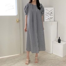 코지 기본 체크패턴 라운드넥 중앙 핀턱 롱원피스