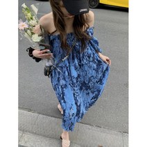 VSYOY 여름 파란색 일자 어깨 원피스 헐렁헐렁 차육 싼야 해변 휴가 모래사장 치마선 태국 여행 사진