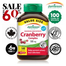 캐나다 국민 브랜드 1등 자미에슨 최대 60% 크랜베리 500mg 100정 여성영양제 요로 갱년기 Jamieson Cranberry Complex, 500mg x 100정 x 5+1(6병)