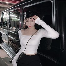 [이꾸띠] 고가 여성 2컬러 스퀘어낵 무지 짧은 타이트한 배꼽 티셔츠