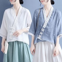 tagi 빈티지 여성 면 마 셔츠 빅사이즈 7부 린넨 남방 루즈핏 여름