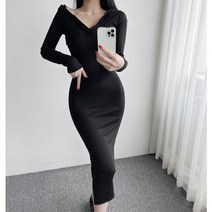 오픈 포켓 포인트 슬림핏 브이넥 롱 후드 원피스 2컬러
