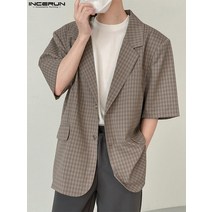 INCERUN 남성 캐주얼 블레이저 격자 무늬 옷깃 소매 버튼 업 스트리트 패션 얇은 코트 남성 2022 어 레저 정장 S-5XL