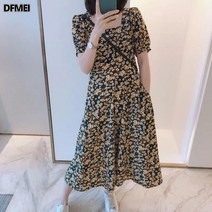 DFMEI 플라워 원피스 여 허리 조임 빅 사이즈 박시 날씬해 보이고
