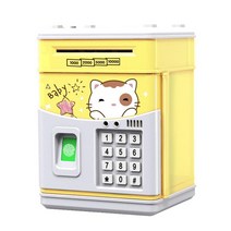 전자 피기 뱅크 ATM 지문 비밀 번호 돈 상자 현금 동전 절약 은행 금고 자동 입금 지폐 음악 장난감, Yellow Cat