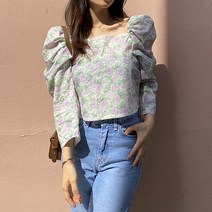 로즈 플라워 어깨퍼프 면 스퀘어넥 블라우스 (뒷지퍼) 2colors